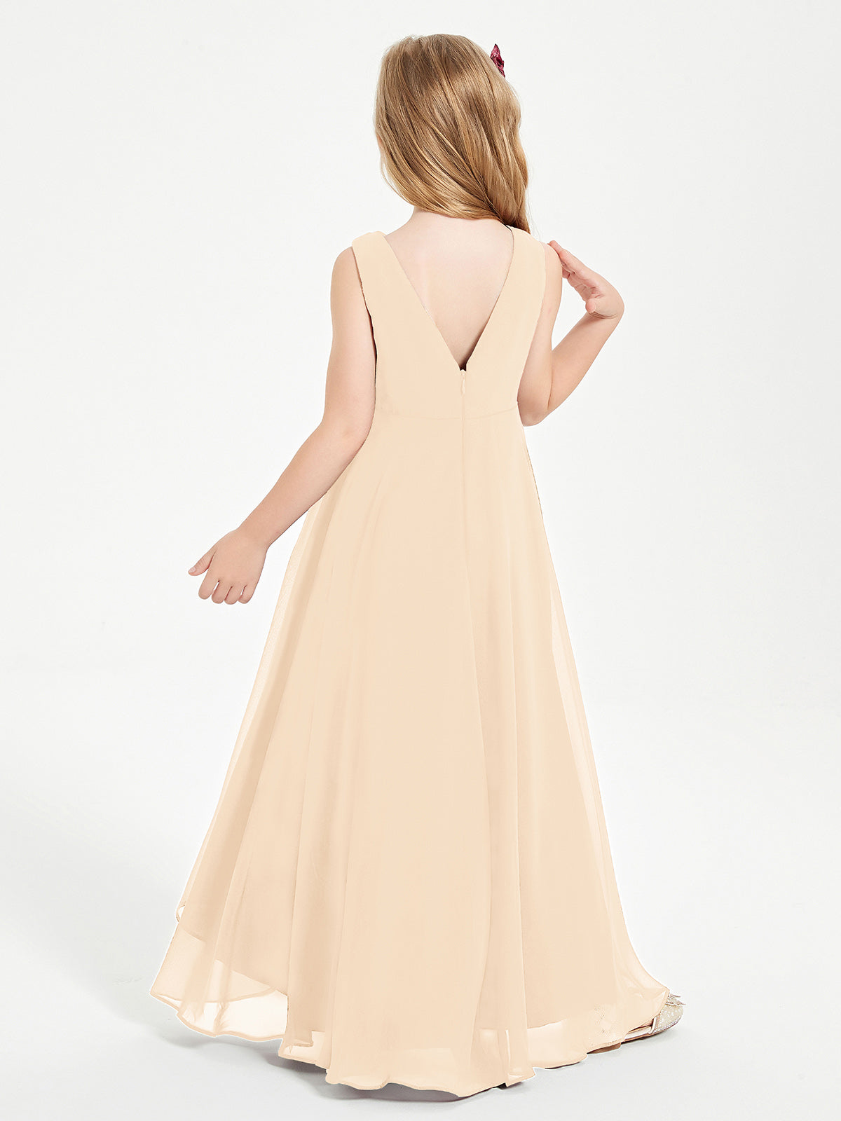 Modern Asymmetrical Cowl Neck Junior Bridesmaid Dresses Peach